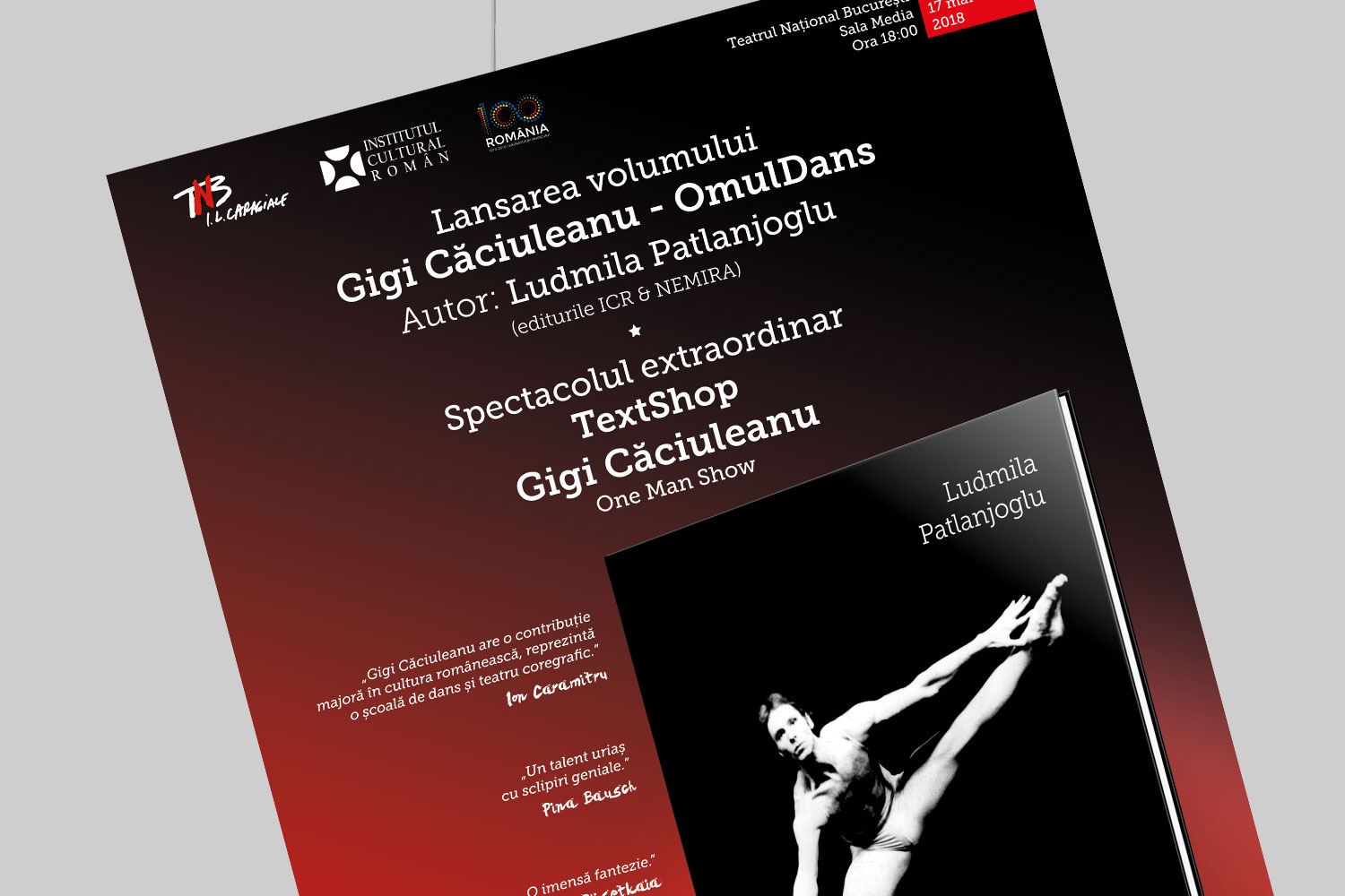 concept grafic pentru afisul de lansare al volumului „Gigi Caciuleanu - OmulDans” - design Bogdan Căpîlnean